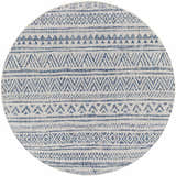 Close-up of round Novato Navy All Over Pattern Performance Rug. Features blue and white bohemian-inspired geometric design. Design-Round-67
