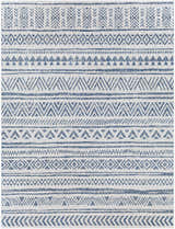 Close-up of the Novato Navy Rug, showcasing its bohemian all-over pattern in blue, navy, and white hues. Design-Rectangle-710103
