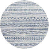 Close-up of round Novato Navy rug featuring a blue and white all over geometric pattern. Design-Round-710