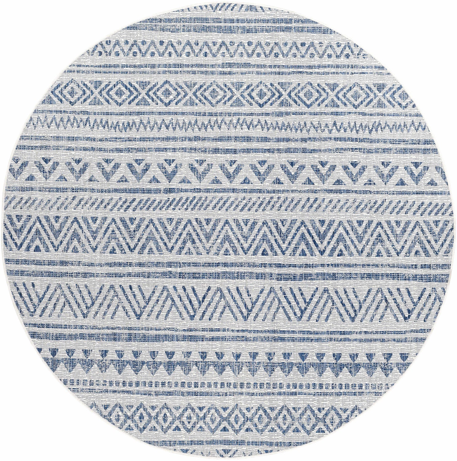Close-up of round Novato Navy rug featuring a blue and white all over geometric pattern. Design-Round-710