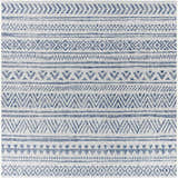 Detailed view of the Novato Navy All Over Pattern Performance Rug, featuring blue geometric and tribal-inspired designs. Design-Square-710