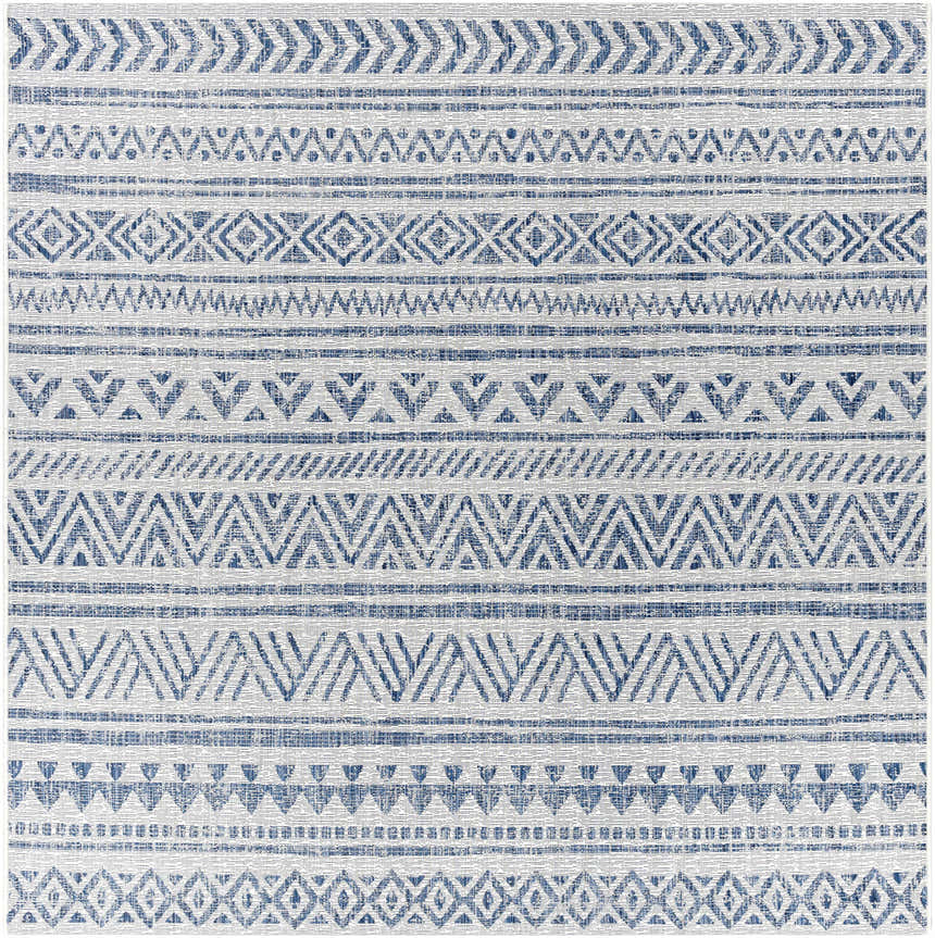 Detailed view of the Novato Navy All Over Pattern Performance Rug, featuring blue geometric and tribal-inspired designs. Design-Square-710
