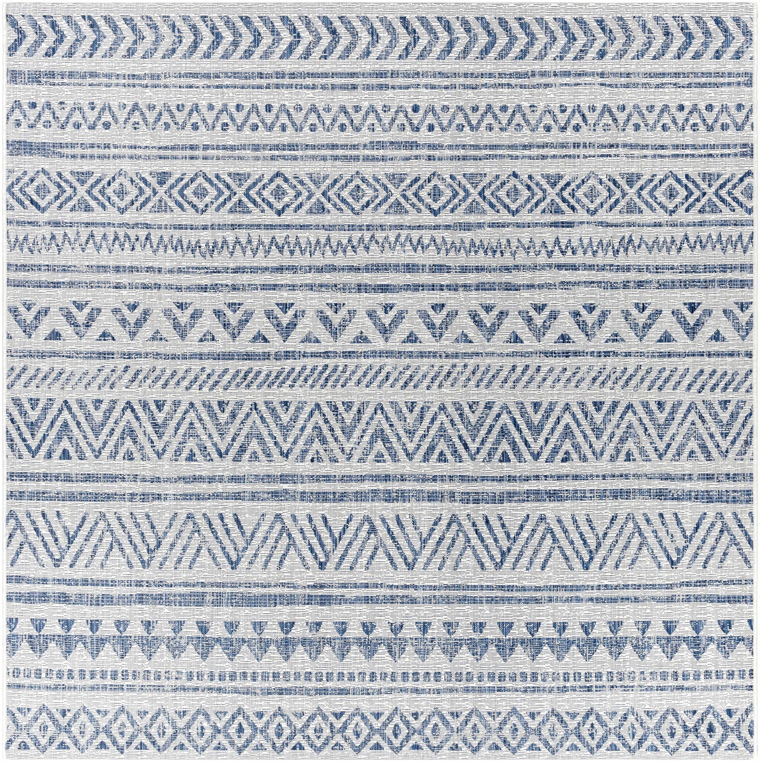 Detailed view of the Novato Navy All Over Pattern Performance Rug, featuring blue geometric and tribal-inspired designs. Design-Square-710