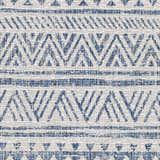 Close-up of the Novato Navy All Over Pattern Performance Rug. Blue and white geometric design. Swatch