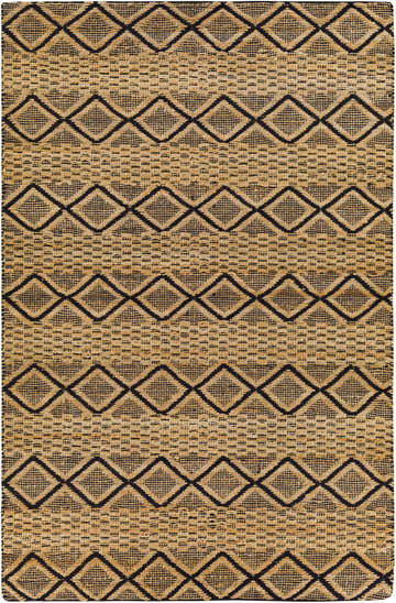 Close-up of the Foxrock Jute Carpet. Tan jute rug with a bold black geometric diamond pattern. Hand woven texture. Design-Rectangle-576