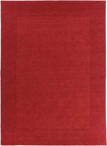 Close-up of a solid red, hand-loomed, 100% wool, Bordered Solid Red Wool Rug showing texture and border detail. Design-Rectangle-811
