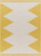 Close-up of Djugun Yellow Outdoor Rug. Geometric, Southwestern pattern in beige and yellow. Machine woven polypropylene rug. Design-Rectangle-5377