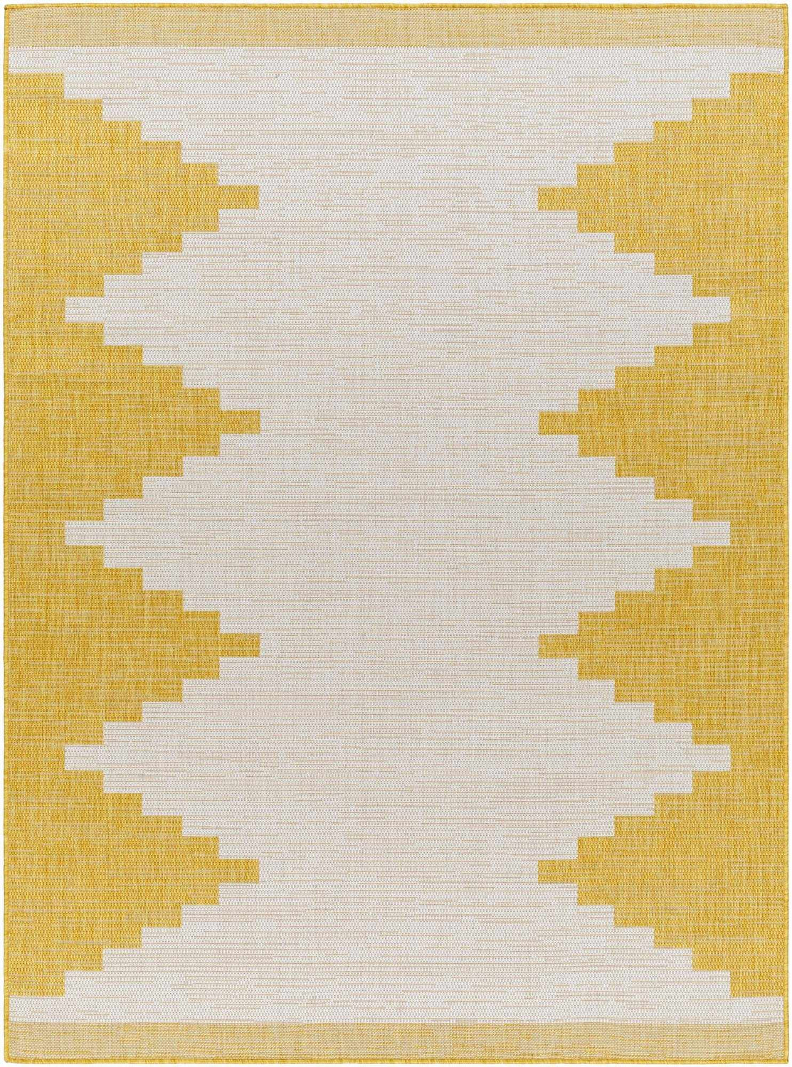 Close-up of Djugun Yellow Outdoor Rug. Geometric, Southwestern pattern in beige and yellow. Machine woven polypropylene rug. Design-Rectangle-5377