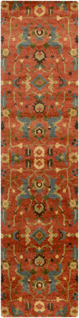 Close-up of the Frederica Area Rug, a hand-knotted runner with a brick red background and botanical pattern in blue, green, and brown. Design-Runner-2610