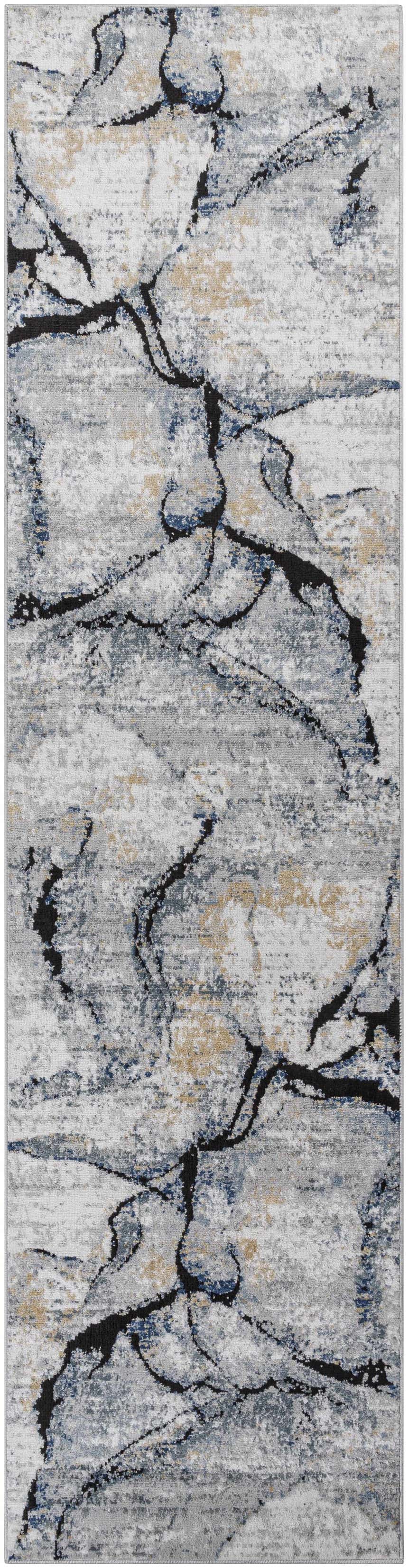 Close-up of the Fremantle Gray Marble Rug showcasing its cream, gray, gold, and blue abstract pattern. Design-Runner-2710
