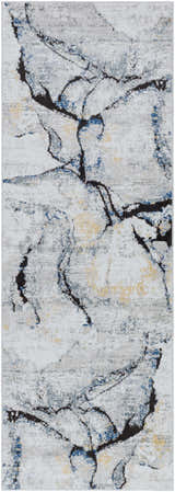 Close-up of the Fremantle Gray Marble Rug, showcasing its cream, gray, gold, and blue abstract pattern. Design-Runner-2773