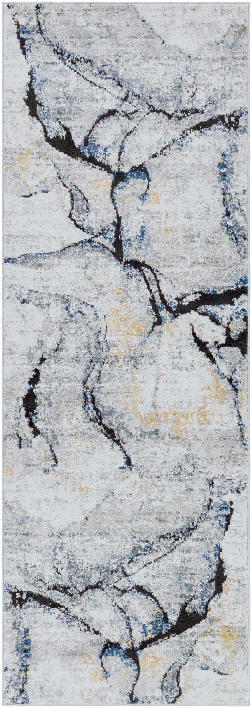 Close-up of the Fremantle Gray Marble Rug, showcasing its cream, gray, gold, and blue abstract pattern. Design-Runner-2773
