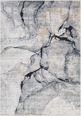Close-up of the Fremantle Gray Marble Rug, featuring cream, dark gray, gold, and light blue abstract patterns. Design-Rectangle-5373