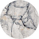 Close-up of round Fremantle Gray Marble Rug, featuring cream, gray, gold, and blue abstract pattern. Design-Round-53