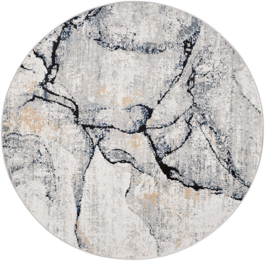 Close-up of round Fremantle Gray Marble Rug, featuring cream, gray, gold, and blue abstract pattern. Design-Round-53
