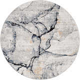 Close-up of a round Fremantle Gray Marble Rug. Cream, gray, gold and blue abstract pattern. Contemporary style. Design-Round-67