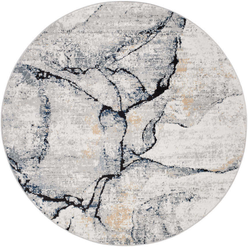 Close-up of a round Fremantle Gray Marble Rug. Cream, gray, gold and blue abstract pattern. Contemporary style. Design-Round-67