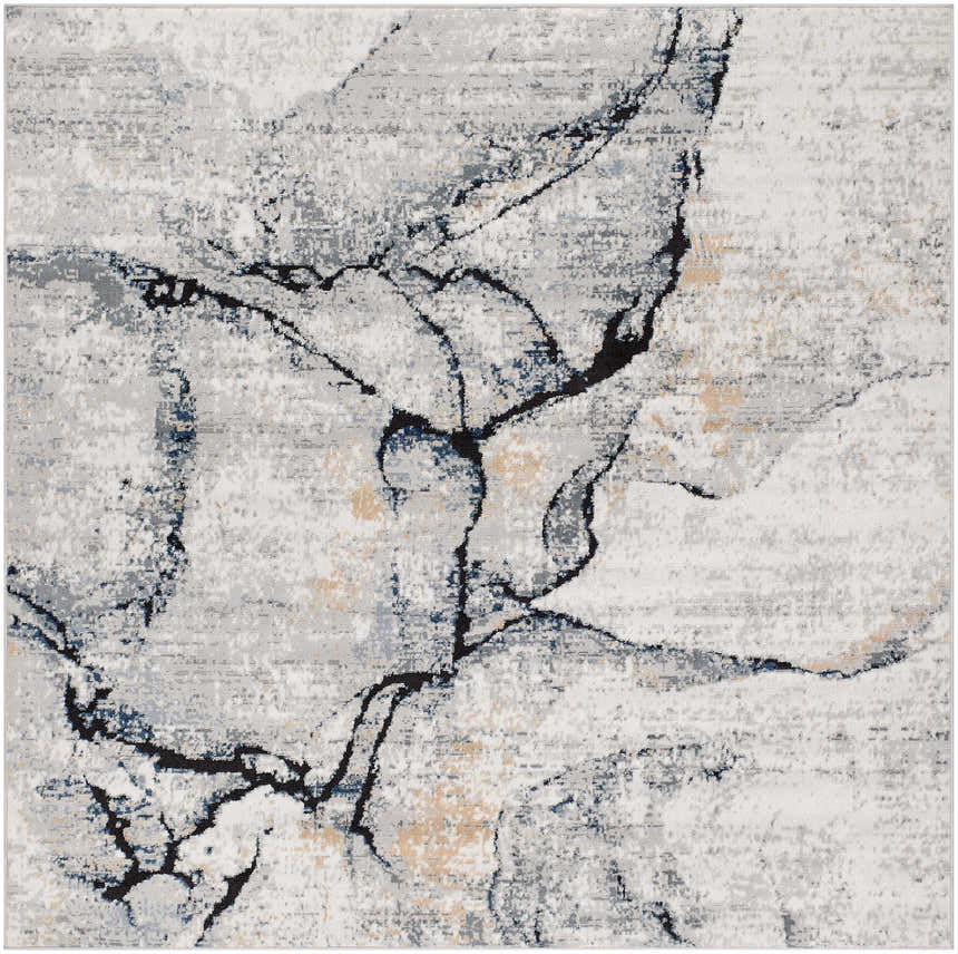 Close-up of the Fremantle Gray Marble Rug, featuring a cream, gray, gold, and blue abstract marble-like pattern. Design-Square-67