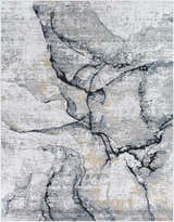Close-up of the Fremantle Gray Marble Rug, a contemporary design with cream, gray, gold, and light blue marble-like pattern. Design-Rectangle-71010