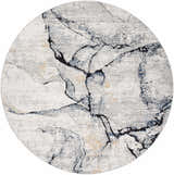 Close-up of the round Fremantle Gray Marble Rug with cream, gray, gold, and blue marble-inspired design. Design-Round-710