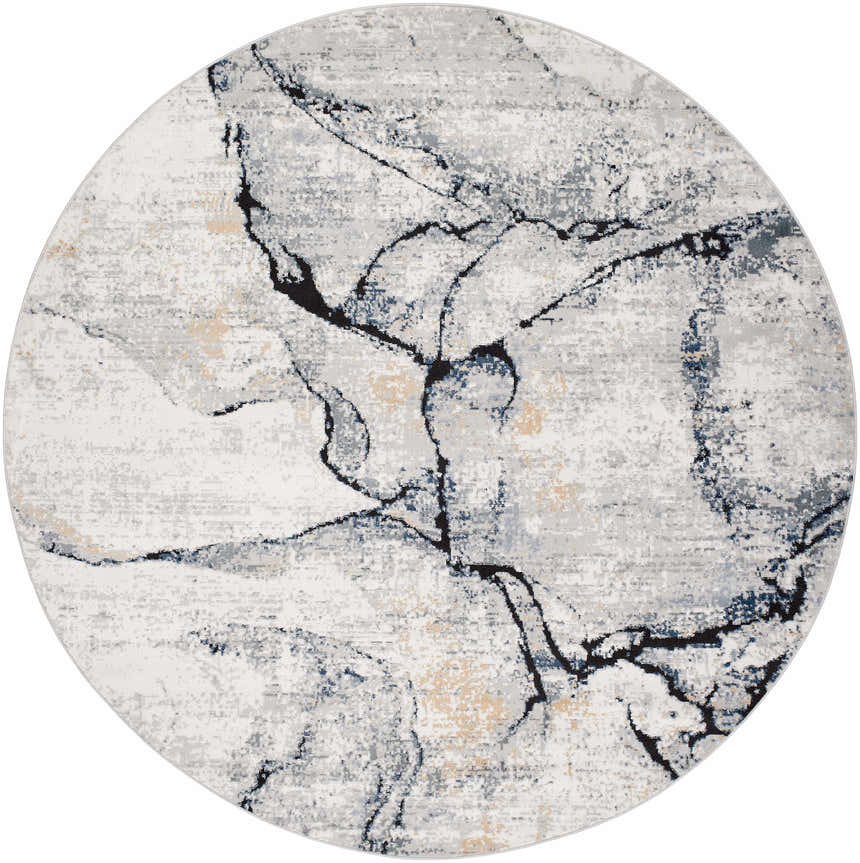 Close-up of the round Fremantle Gray Marble Rug with cream, gray, gold, and blue marble-inspired design. Design-Round-710