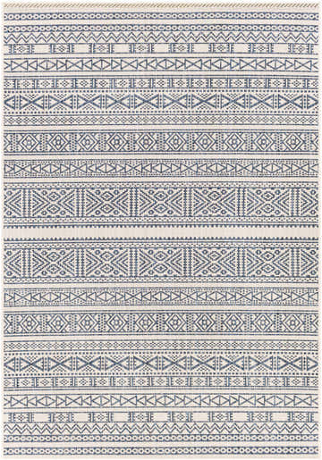 Close-up of Freshwater White&Blue Rug showing bohemian geometric pattern in navy, pale blue, and off-white. Design-Rectangle-5377