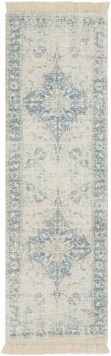 Fairlands Handmade Cotton-blend Rug in aqua and blue. Bohemian style rug with fringe. Hand woven cotton rug. Design-Runner-268