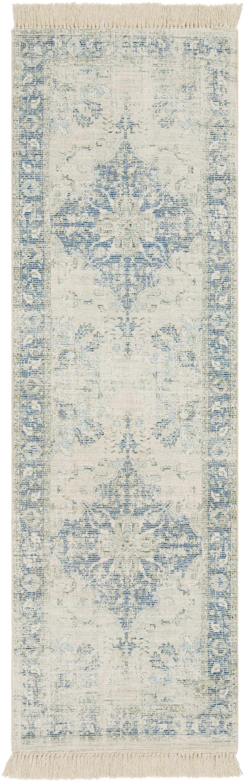 Fairlands Handmade Cotton-blend Rug in aqua and blue. Bohemian style rug with fringe. Hand woven cotton rug. Design-Runner-268