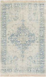 Close-up of the Fairlands Handmade Cotton-blend Rug. Features a traditional blue and beige pattern and fringed edges. Design-Rectangle-576
