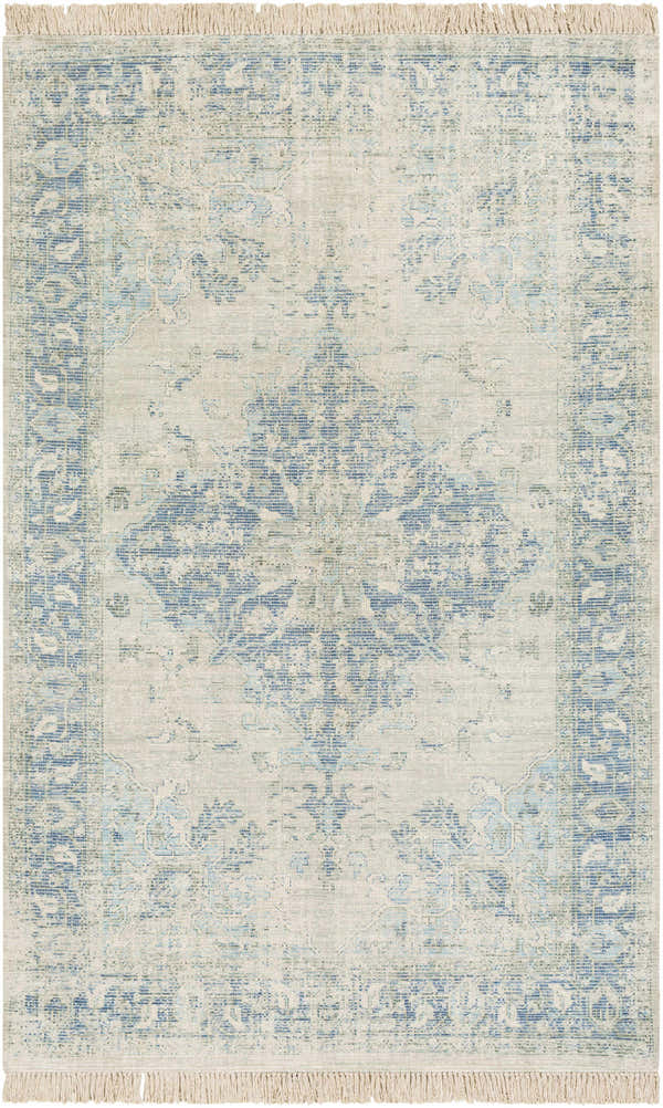 Close-up of the Fairlands Handmade Cotton-blend Rug. Features a traditional blue and beige pattern and fringed edges. Design-Rectangle-576
