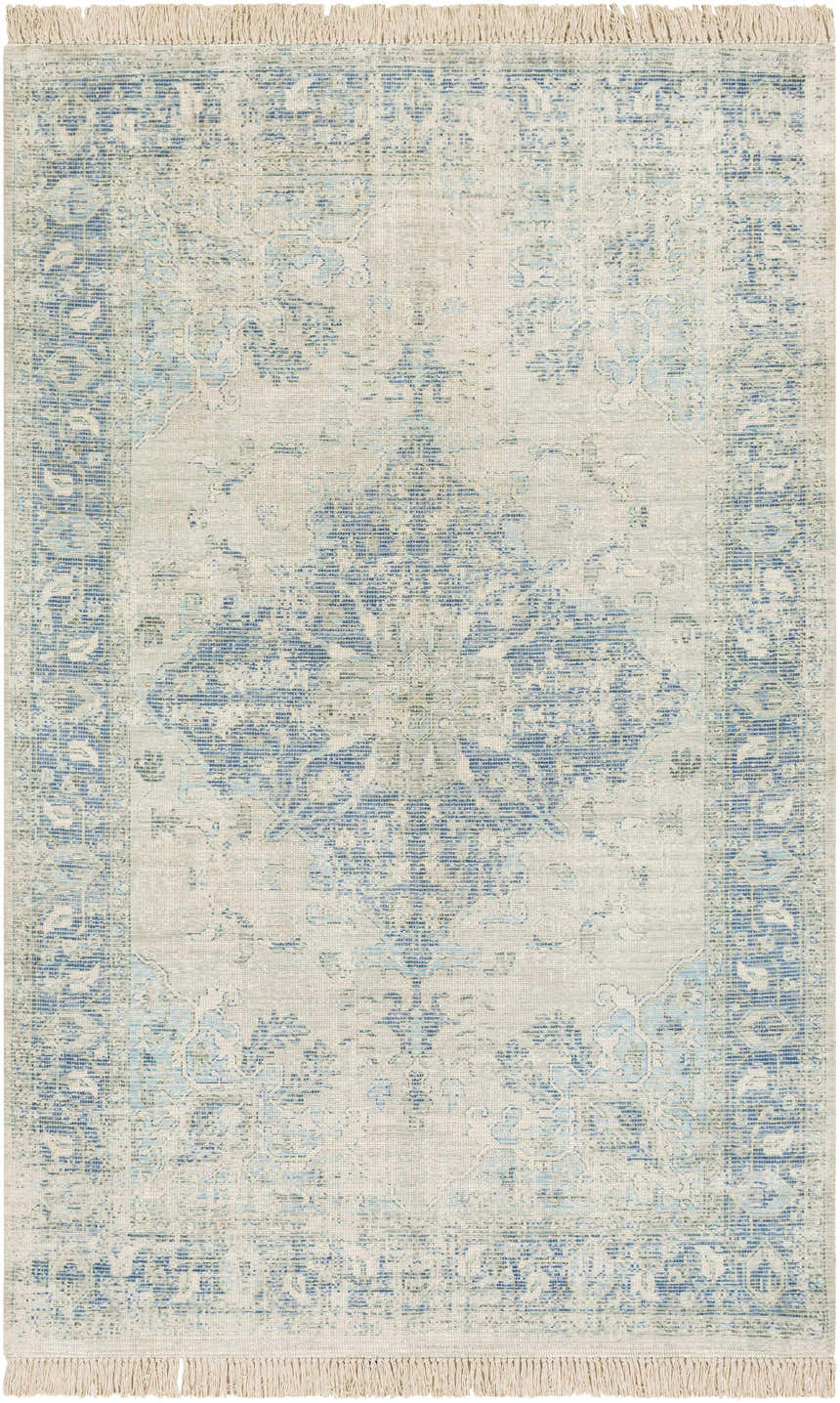 Close-up of the Fairlands Handmade Cotton-blend Rug. Features a traditional blue and beige pattern and fringed edges. Design-Rectangle-576