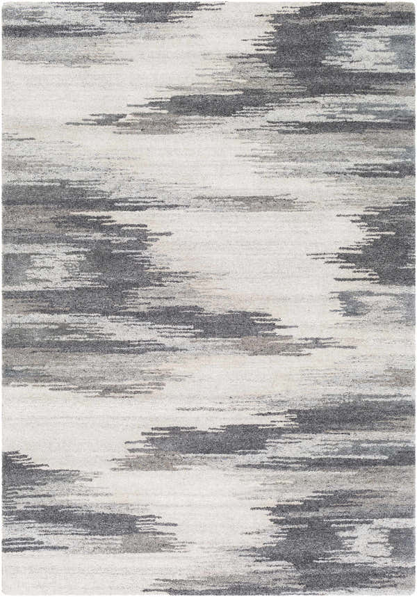 Close-up of the hand-tufted Farnhamville Area Carpet. Bohemian style rug with gray and white horizontal pattern. 80% wool texture. Design-Rectangle-576