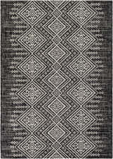 Close-up of the Frankville Black&White All Over Performance Rug featuring a geometric diamond pattern. Bohemian style. Design-Rectangle-5377