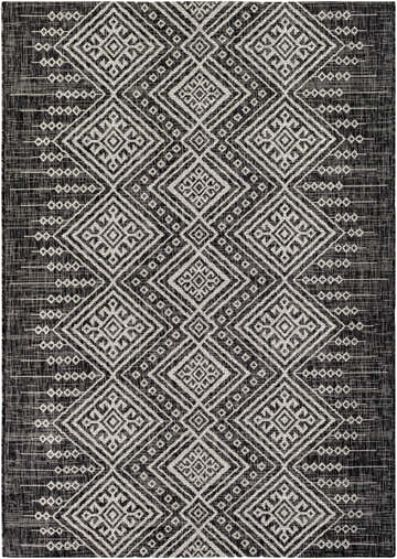 Close-up of the Frankville Black&White All Over Performance Rug featuring a geometric diamond pattern. Bohemian style. Design-Rectangle-5377