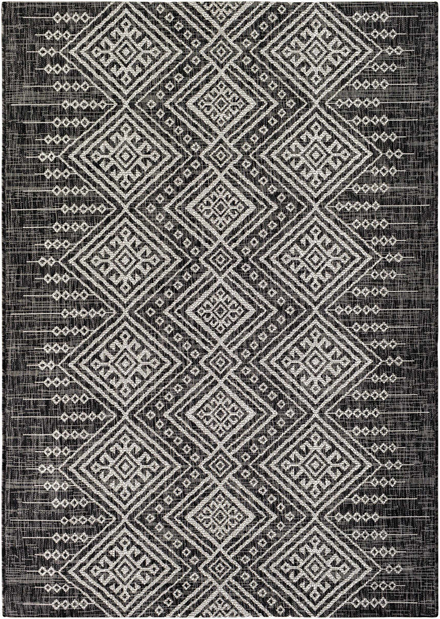 Close-up of the Frankville Black&White All Over Performance Rug featuring a geometric diamond pattern. Bohemian style. Design-Rectangle-5377