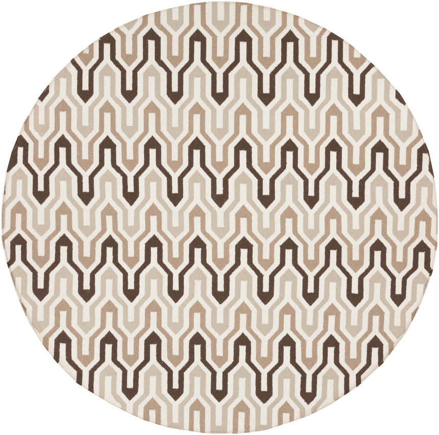 Close-up of a round Franklin Area Rug. Geometric pattern in cream, dark brown, medium brown, and tan. Hand woven wool rug. Design-Round-8