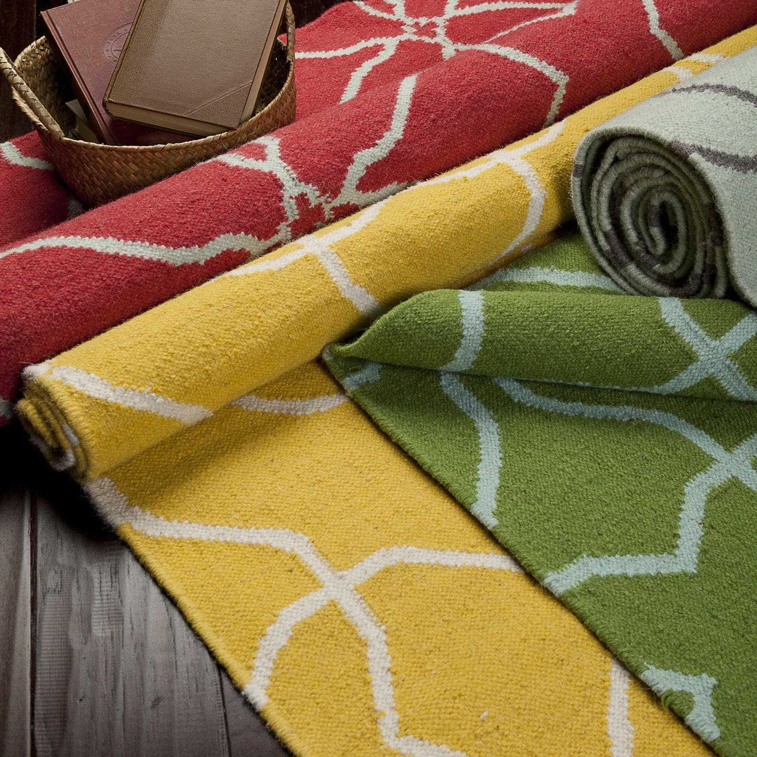 Rolled Creekside Area Rugs: red, yellow, green, and gray wool runners with geometric patterns. Styleshot