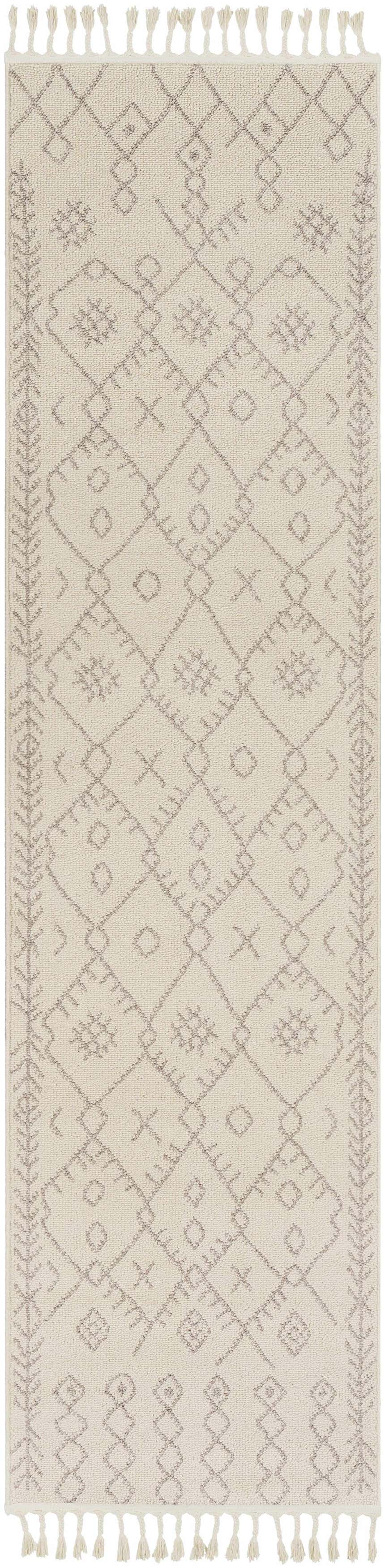 Close-up of Furman Area Rug runner. Ivory rug with tan geometric pattern and tassels. Farmhouse style. Design-Runner-2710