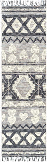 Close-up of Gakona High-Low Cream&Blue Wool Rug. Features bohemian diamond and heart patterns, tassels, and a textured weave. Design-Runner-268