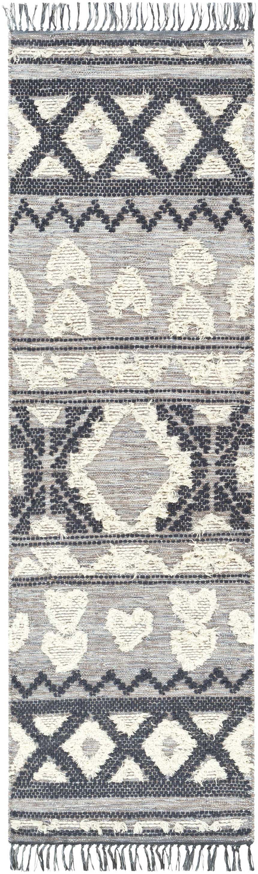 Close-up of Gakona High-Low Cream&Blue Wool Rug. Features bohemian diamond and heart patterns, tassels, and a textured weave. Design-Runner-268