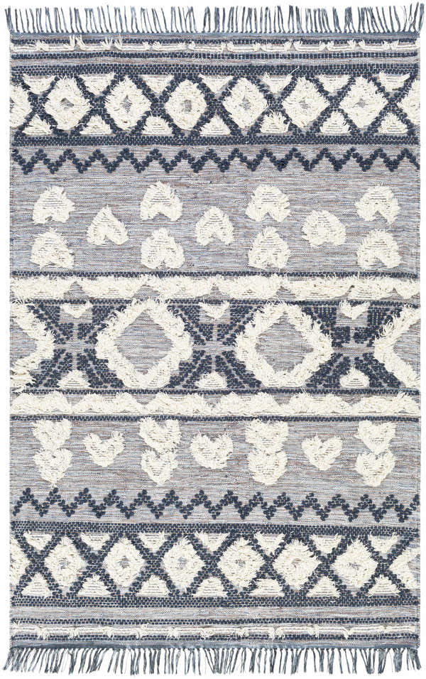 Close-up of Gakona High-Low Cream&Blue Wool Rug. Hand woven rug with bohemian diamond and geometric patterns. Tassels on each end. Design-Rectangle-576