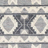 Close-up of Gakona High-Low Cream&Blue Wool Rug featuring a geometric pattern, textured details, and woven construction. Swatch