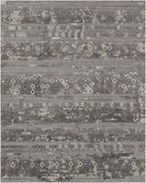 Close-up of Galchutt Embossed Gray Rug. Farmhouse style rug with charcoal, gray, and light gray geometric pattern. Viscose and wool texture. Design-Rectangle-69
