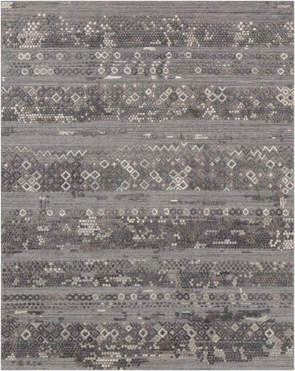 Close-up of Galchutt Embossed Gray Rug. Farmhouse style rug with charcoal, gray, and light gray geometric pattern. Viscose and wool texture. Design-Rectangle-69