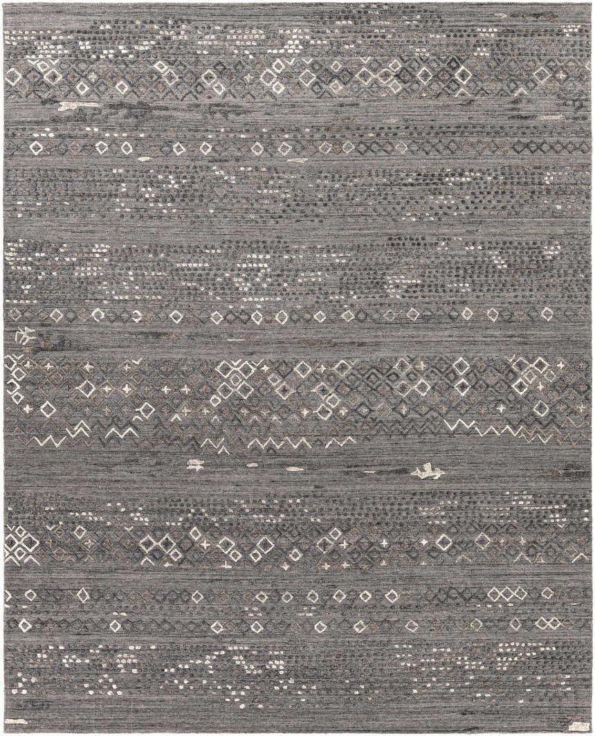 Close-up of Galchutt Embossed Gray Premium Viscose & Wool Rug. Features a geometric pattern with charcoal, gray, and light gray tones. Design-Rectangle-810