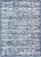 Close-up of the Galloway Area Rug. Cream and dark blue traditional pattern. Machine woven polypropylene rug. Design-Rectangle-537