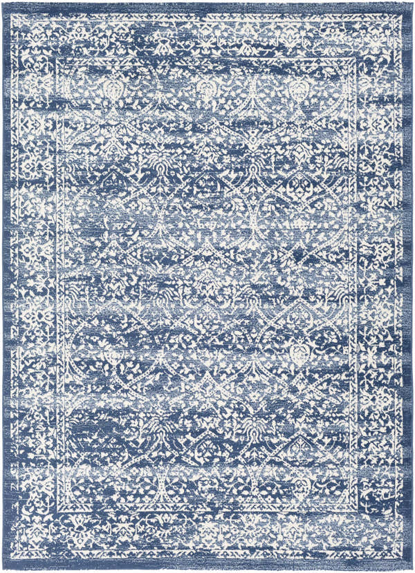 Close-up of the Galloway Area Rug. Cream and dark blue traditional pattern. Machine woven polypropylene rug. Design-Rectangle-537