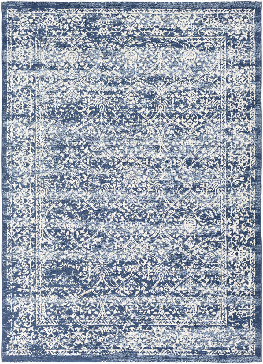 Close-up of the Galloway Area Rug. Cream and dark blue traditional pattern. Machine woven polypropylene rug. Design-Rectangle-537