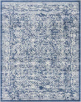 Close-up of the Galloway Area Rug, showcasing its cream and dark blue traditional floral pattern and border. Design-Rectangle-71010