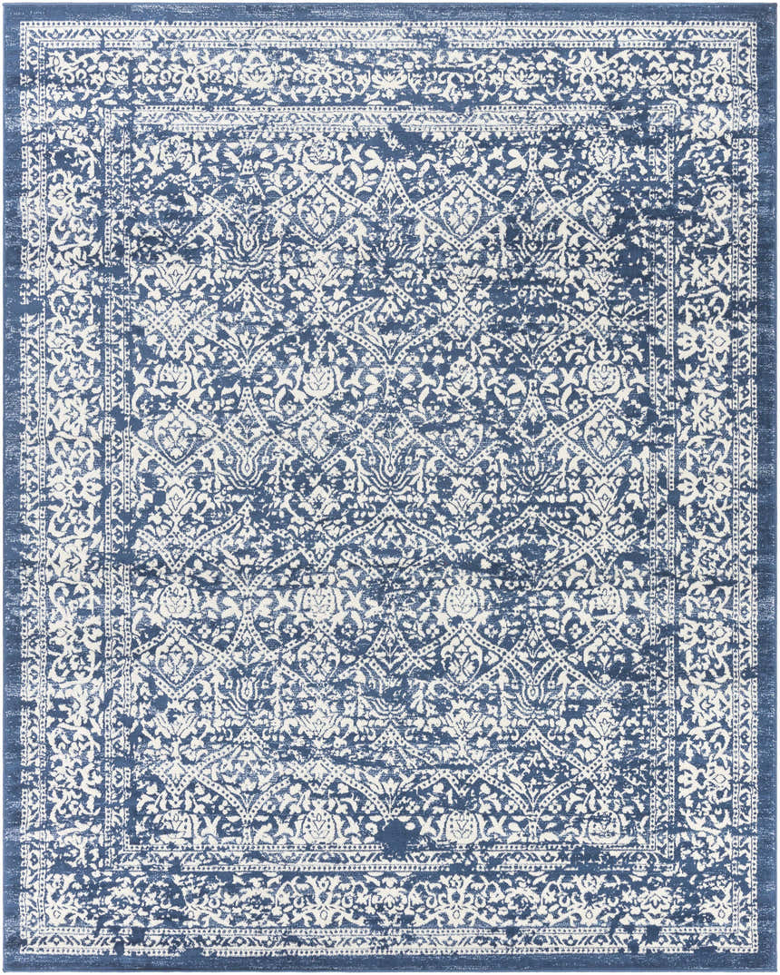 Close-up of the Galloway Area Rug, showcasing its cream and dark blue traditional floral pattern and border. Design-Rectangle-71010